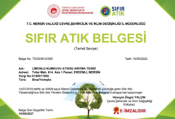 MESK LMONLU-KUMKUYU ATIKSU ARITMA TESSݒNE SIFIR ATIK BELGESݒ  MESKݒNN SIFIR ATIK BELGEL HZMET NOKTASI SAYISI 17YE YKSELD